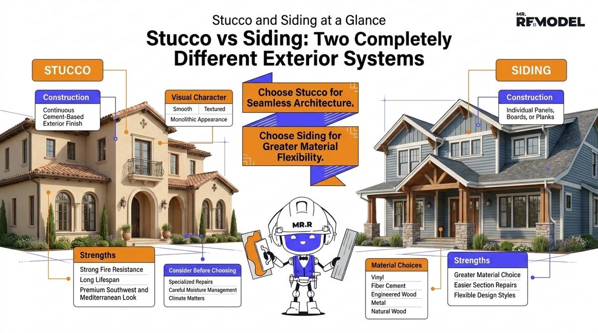 Editorial architecture spread comparing stucco and siding through home styles, construction methods, and homeowner priorities.